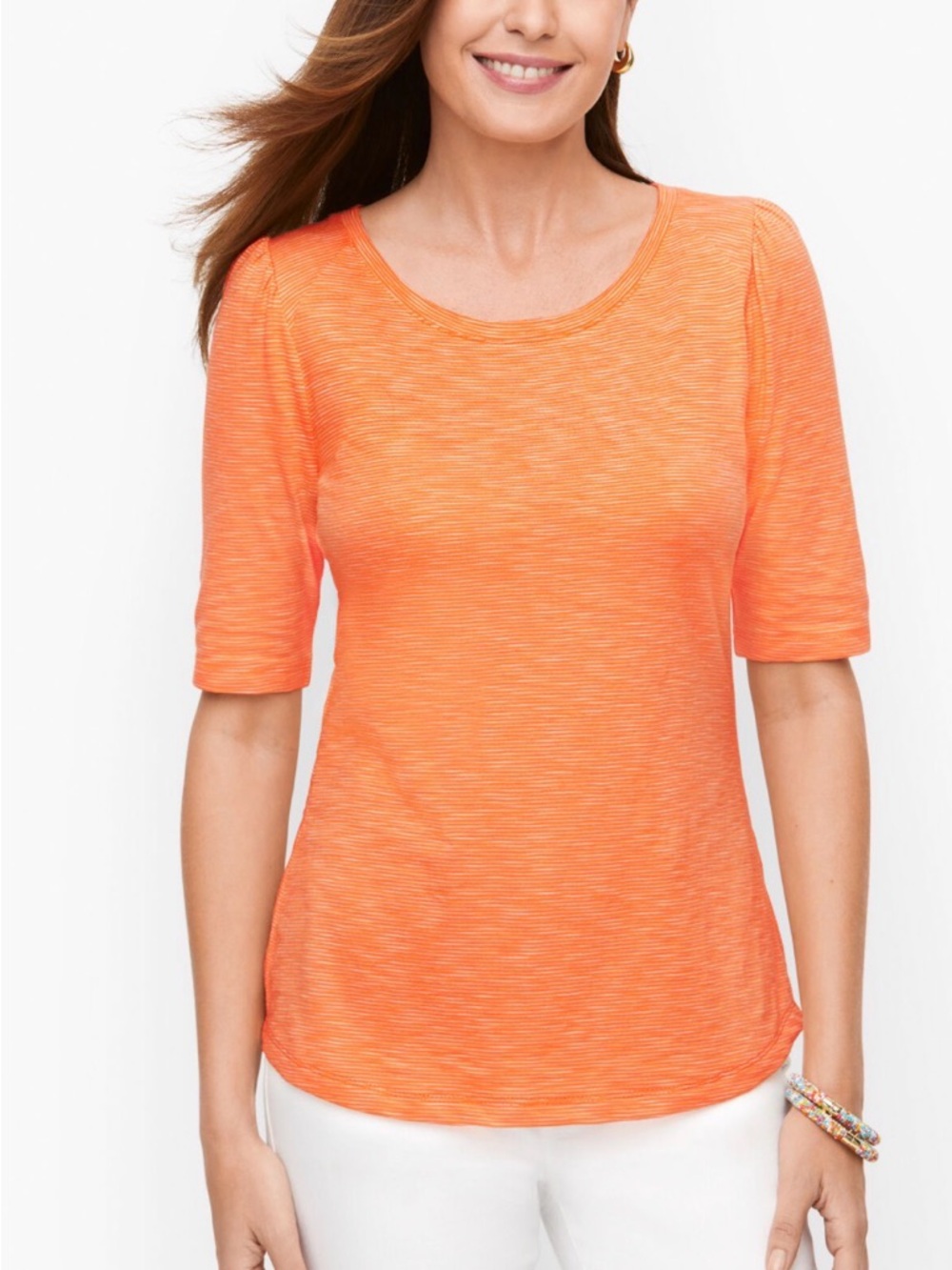 Talbots Women Mp Orange Striped Puff Sleeve Cotton T Shirt Casual Lightweight